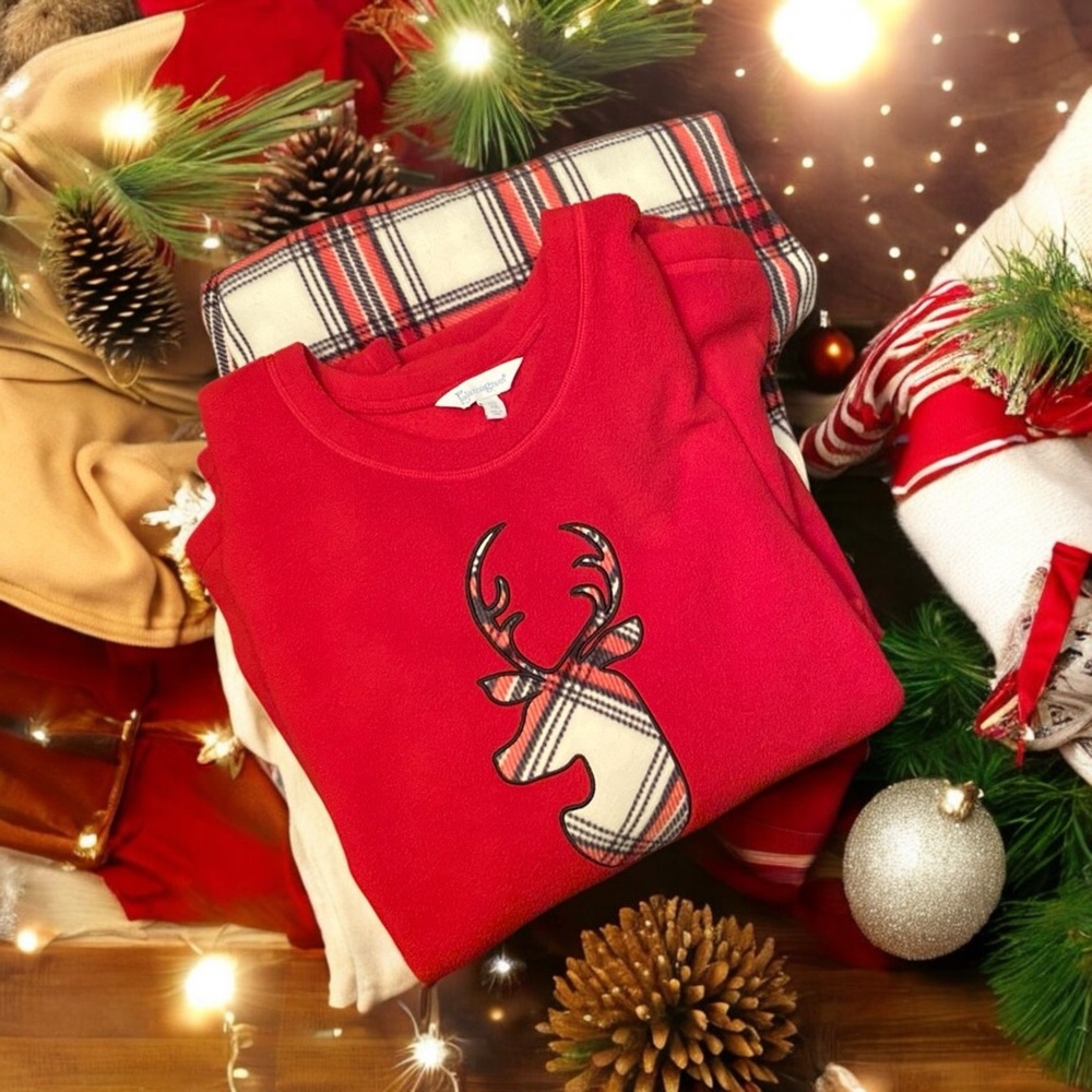 Pajamagram Men’s Reindeer Fleece Pajama Set Red Plaid XXL Like New